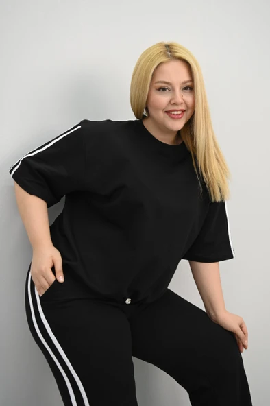 Kadın Büyük Beden Şerit ve Bel Büzgü Detaylı Kısa Kollu Eşofman Takımı 8197-25 - 4