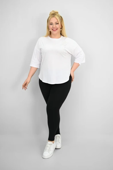 Kadın Büyük Beden Kısa Kollu Taş ve İnci Baskı Detaylı Oversize T-shirt 1925-25 - 8