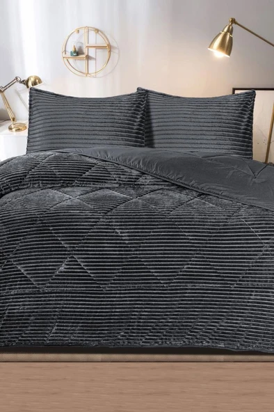 Derya Çift Kişilik Pelüş Yatak Örtüsü Antrasit ürün görseli