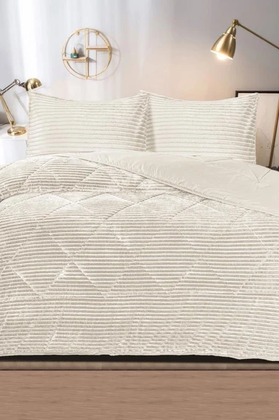 Derya Çift Kişilik Pelüş Yatak Örtüsü Krem ürün görseli