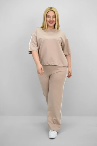 Kadın Büyük Beden Şerit ve Bel Büzgü Detaylı Kısa Kollu Eşofman Takımı 8197-25 - 10