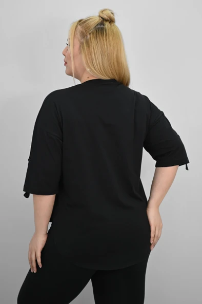 Kadın Büyük Beden Kısa Kollu Taş ve İnci Baskı Detaylı Oversize T-shirt 1925-25 - 6