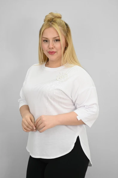 Kadın Büyük Beden Kısa Kollu Taş ve İnci Baskı Detaylı Oversize T-shirt 1925-25 - 10