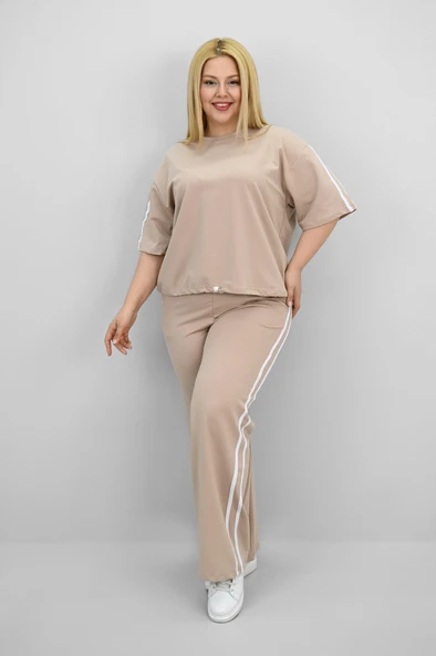 Kadın Büyük Beden Şerit ve Bel Büzgü Detaylı Kısa Kollu Eşofman Takımı 8197-25 - 11