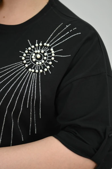 Kadın Büyük Beden Kısa Kollu Taş ve İnci Baskı Detaylı Oversize T-shirt 1925-25 - 7
