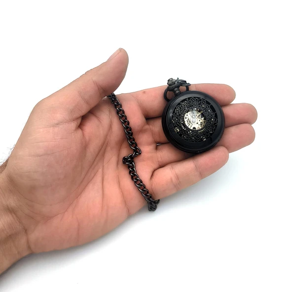 Valkyrie Açık Kadran Mekanik Zincirli Cep Saati Şeffaf Tasarım Oymalı Gümüş Kasa Kurmalı Koleksiyonluk Köstekli Saat Siyah - 4