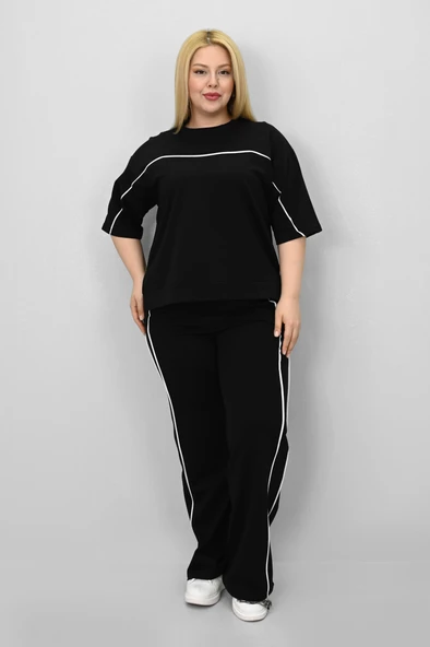 Kadın Büyük Beden Kısa Kollu Ara Biye Detaylı Bol Paça Eşofman Takımı 8189-25 - 3