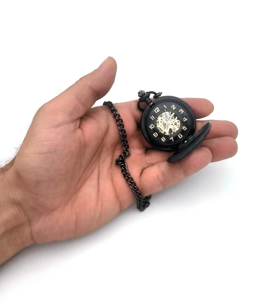 Valkyrie Açık Kadran Mekanik Zincirli Cep Saati Şeffaf Tasarım Oymalı Gümüş Kasa Kurmalı Koleksiyonluk Köstekli Saat Siyah - 5