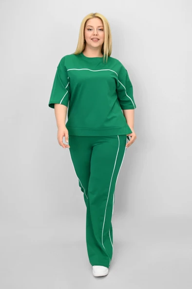 Kadın Büyük Beden Kısa Kollu Ara Biye Detaylı Bol Paça Eşofman Takımı 8189-25 - 10