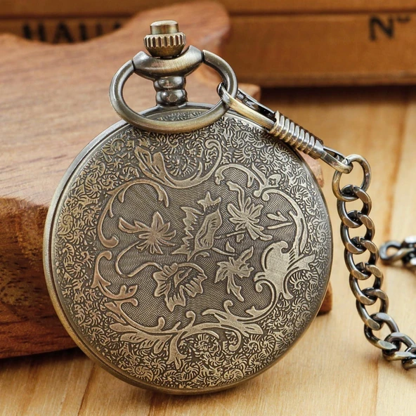 Valkyrie TCDD Nostalji Tren ve Ay Yıldız Kabartmalı Retro Bronz Koleksiyonluk Kutulu Zincirli Köstekli Saat - 7