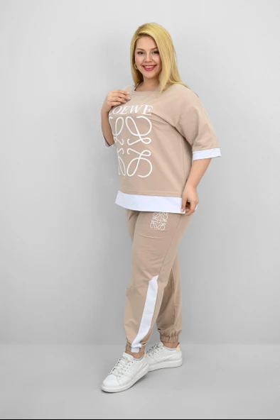 Kadın Büyük Beden Kısa Kollu Nakış Detaylı Garnili Eşofman Takımı 8192-25 - 11