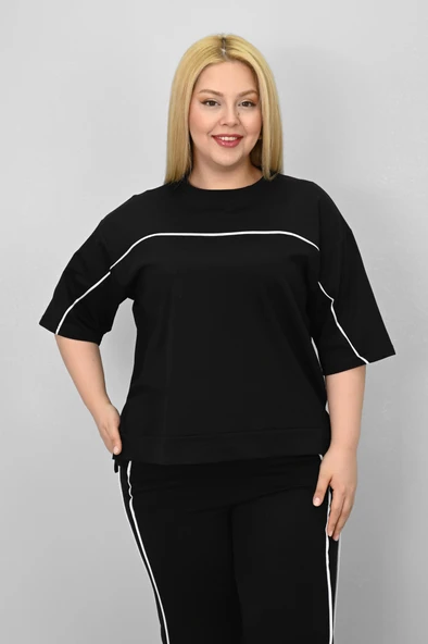 Kadın Büyük Beden Kısa Kollu Ara Biye Detaylı Bol Paça Eşofman Takımı 8189-25 - 7