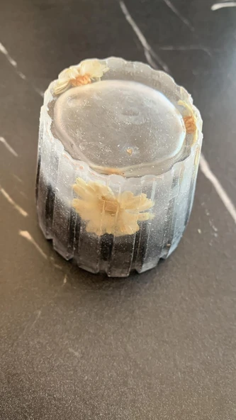 Siyah Şeffaf Renkli Kurutulmuş Papatyalı Tırtıklı Sukulent Model Epoksi Saksı El Yapımı Hediyelik - 2