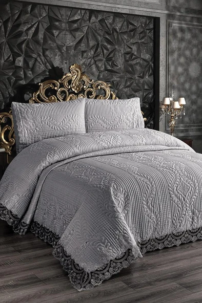 Simirna Dantell Kapitoneli Ultrasonik Çift Kişilik Yatak Örtüsü Gri ürün görseli