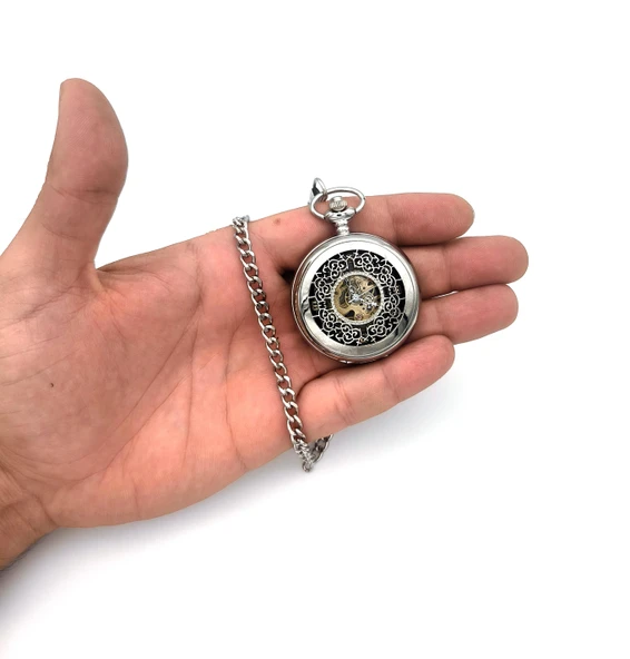 Valkyrie Açık Kadran Mekanik Zincirli Cep Saati Şeffaf Tasarım Oymalı Gümüş Kasa Kurmalı Koleksiyonluk Köstekli Saat - 5