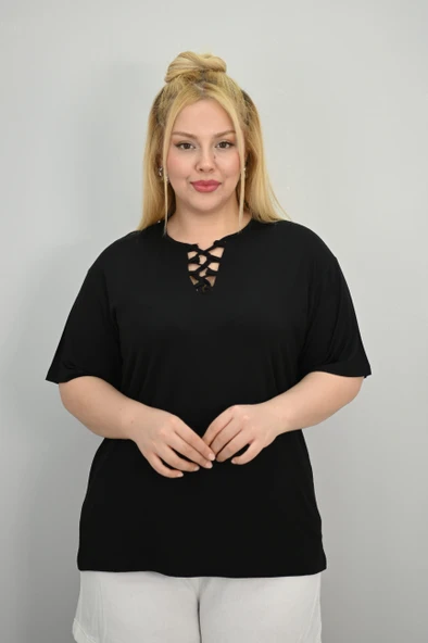 Kadın Büyük Beden Kısa Kollu Yakası Biye Detaylı Bluz 1970-25 - 4