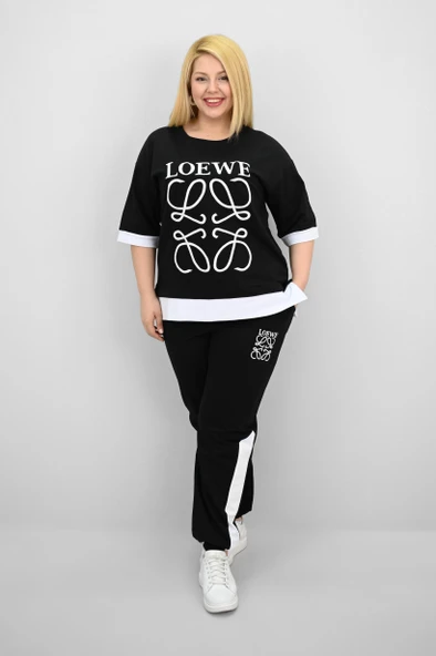 Kadın Büyük Beden Kısa Kollu Nakış Detaylı Garnili Eşofman Takımı 8192-25 - 2