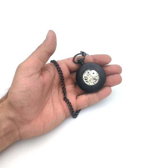 Valkyrie Açık Kadran Mekanik Zincirli Cep Saati Şeffaf Tasarım Oymalı Gümüş Kasa Kurmalı Koleksiyonluk Köstekli Saat Siyah - 6