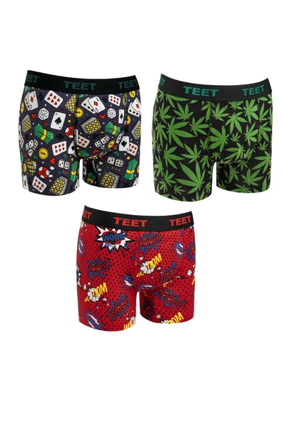 TEET Erkek Boxer Premium 3'lü Set Pamuklu Likralı Desenli Hediyelik