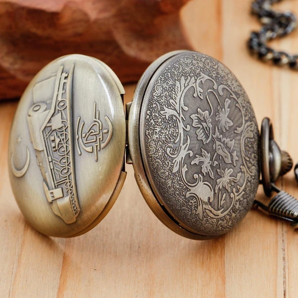 Valkyrie TCDD Nostalji Tren ve Ay Yıldız Kabartmalı Retro Bronz Koleksiyonluk Kutulu Zincirli Köstekli Saat - 6