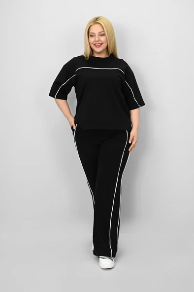 Kadın Büyük Beden Kısa Kollu Ara Biye Detaylı Bol Paça Eşofman Takımı 8189-25 - 4