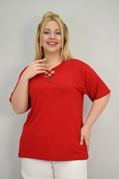 Kadın Büyük Beden Kısa Kollu Yakası Biye Detaylı Bluz 1970-25 - 12