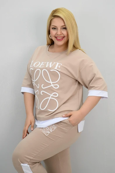 Kadın Büyük Beden Kısa Kollu Nakış Detaylı Garnili Eşofman Takımı 8192-25 - 12