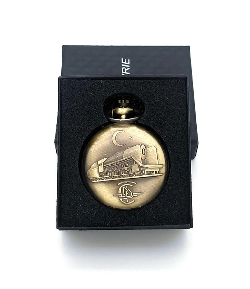 Valkyrie TCDD Nostalji Tren ve Ay Yıldız Kabartmalı Retro Bronz Koleksiyonluk Kutulu Zincirli Köstekli Saat - 3