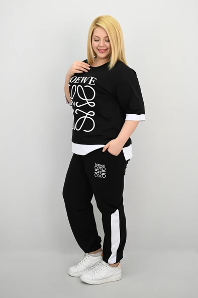 Kadın Büyük Beden Kısa Kollu Nakış Detaylı Garnili Eşofman Takımı 8192-25 - 5