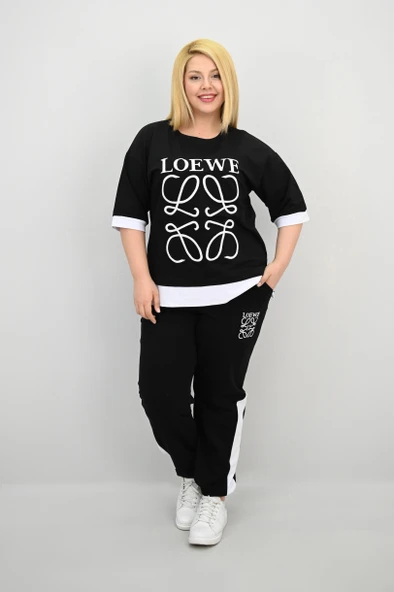 Kadın Büyük Beden Kısa Kollu Nakış Detaylı Garnili Eşofman Takımı 8192-25 - 4