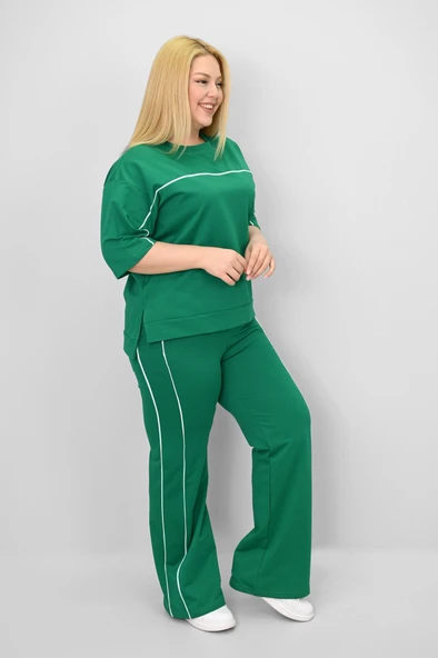 Kadın Büyük Beden Kısa Kollu Ara Biye Detaylı Bol Paça Eşofman Takımı 8189-25 - 11