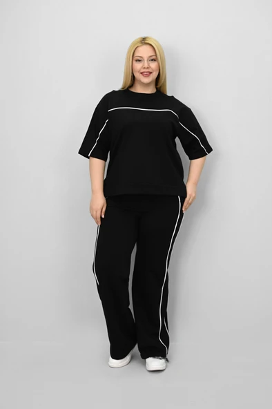 Kadın Büyük Beden Kısa Kollu Ara Biye Detaylı Bol Paça Eşofman Takımı 8189-25 - 2