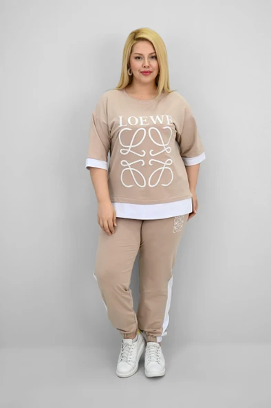 Kadın Büyük Beden Kısa Kollu Nakış Detaylı Garnili Eşofman Takımı 8192-25 - 9