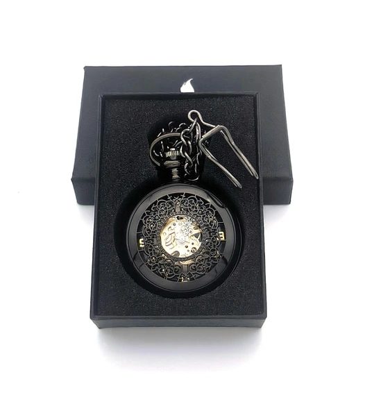 Valkyrie Açık Kadran Mekanik Zincirli Cep Saati Şeffaf Tasarım Oymalı Gümüş Kasa Kurmalı Koleksiyonluk Köstekli Saat Siyah - 2