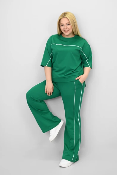 Kadın Büyük Beden Kısa Kollu Ara Biye Detaylı Bol Paça Eşofman Takımı 8189-25 - 12