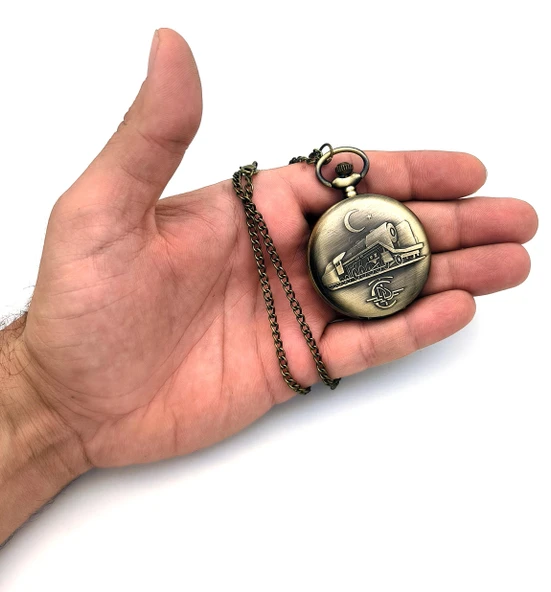 Valkyrie TCDD Nostalji Tren ve Ay Yıldız Kabartmalı Retro Bronz Koleksiyonluk Kutulu Zincirli Köstekli Saat - 2