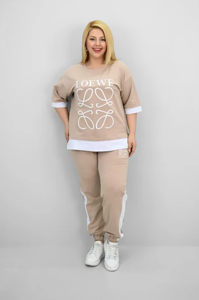 Kadın Büyük Beden Kısa Kollu Nakış Detaylı Garnili Eşofman Takımı 8192-25 - 10