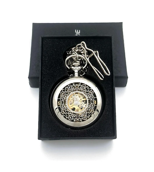 Valkyrie Açık Kadran Mekanik Zincirli Cep Saati Şeffaf Tasarım Oymalı Gümüş Kasa Kurmalı Koleksiyonluk Köstekli Saat