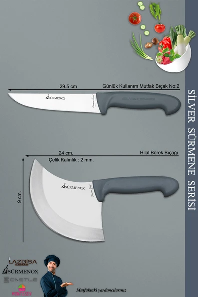Sürmene Silver Serisi Gri Sap Mutfak Bıçak Hilal Börek Bıçağı Pizza Pide Bıçağı 2 Li Set ( Srm-05 ) - 2