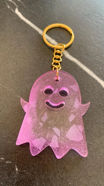 Lila Renkli Beyaz Parçacıklı Gold Aksesuarlı Hayalet Şekil Anahtarlık El Yapımı Epoksi Hediyelik - 6