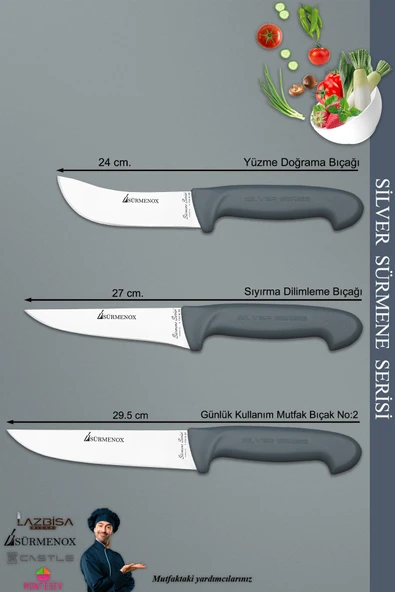 Sürmene Silver Serisi Gri Sap Mutfak Bıçak Kurban Seti Et Ekmek Sebze Bıçağı 3 Lü Set ( Srm-07) - 2