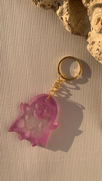 Lila Renkli Beyaz Parçacıklı Gold Aksesuarlı Hayalet Şekil Anahtarlık El Yapımı Epoksi Hediyelik