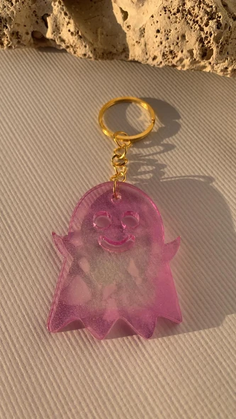 Lila Renkli Beyaz Parçacıklı Gold Aksesuarlı Hayalet Şekil Anahtarlık El Yapımı Epoksi Hediyelik - 7