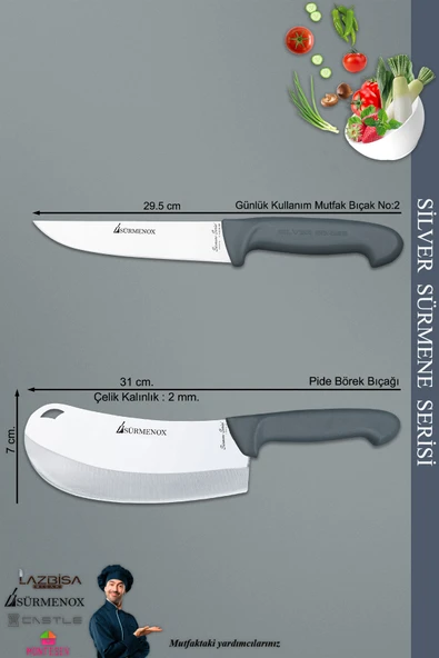 Sürmene Silver Serisi Gri Sap Mutfak Bıçak Bıçağı Pizza Salata Börek Bıçağı 2 Li Set ( Srm-06 ) - 2