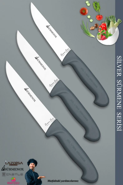 Sürmene Silver Serisi Gri Sap Mutfak Bıçak Seti Et Ekmek Sebze Bıçağı 3 Lü Set ( Srm-04)