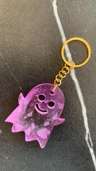 Lila Renkli Beyaz Parçacıklı Gold Aksesuarlı Hayalet Şekil Anahtarlık El Yapımı Epoksi Hediyelik - 8