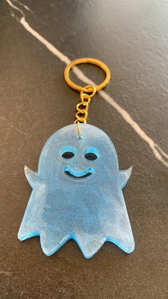 Turkuaz Mavi Renkli Gold Aksesuarlı Hayalet Şekil Anahtarlık El Yapımı Epoksi Hediyelik - Resim 8