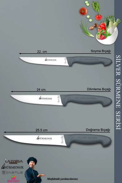 Sürmene Silver Serisi Gri Sap Mutfak Bıçak Seti Et Ekmek Sebze Meyve Kesme Bıçağı 3 Lü Set (srm-012) - 2