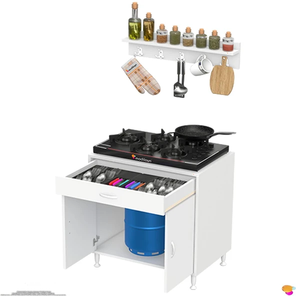Modilayn DOQU (XL) Set Ocak Altı Dolap 70x88x56 cm, Çekmeceli, Kapaklı, Tüp Bölmeli Ve Baharat Raflı - 8