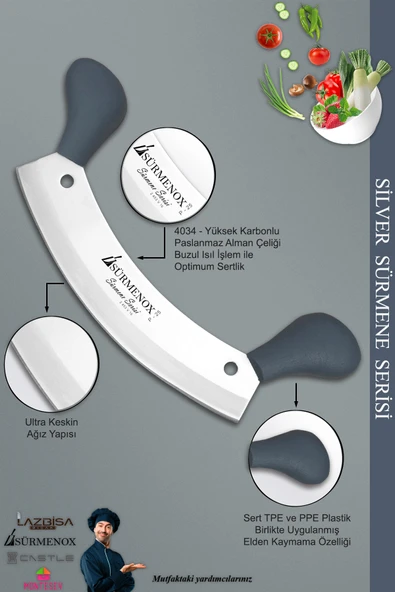 Sürmene Silver Serisi Gri Sap Mutfak Bıçak Bıçağı Kıyma Börek Bıçağı Pizza Bıçağı 2 Li ( Srm-017) - 3